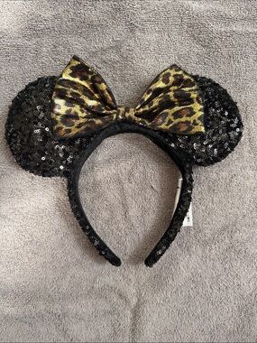 Disney Black Sequin Minnie Ear Headband with Gold Leopard Bow